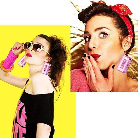 Barbie Acrylic 80s 90s Geometric Stereo Music Player Tool Magnetic Tape Earrings - Picture 2 of 5